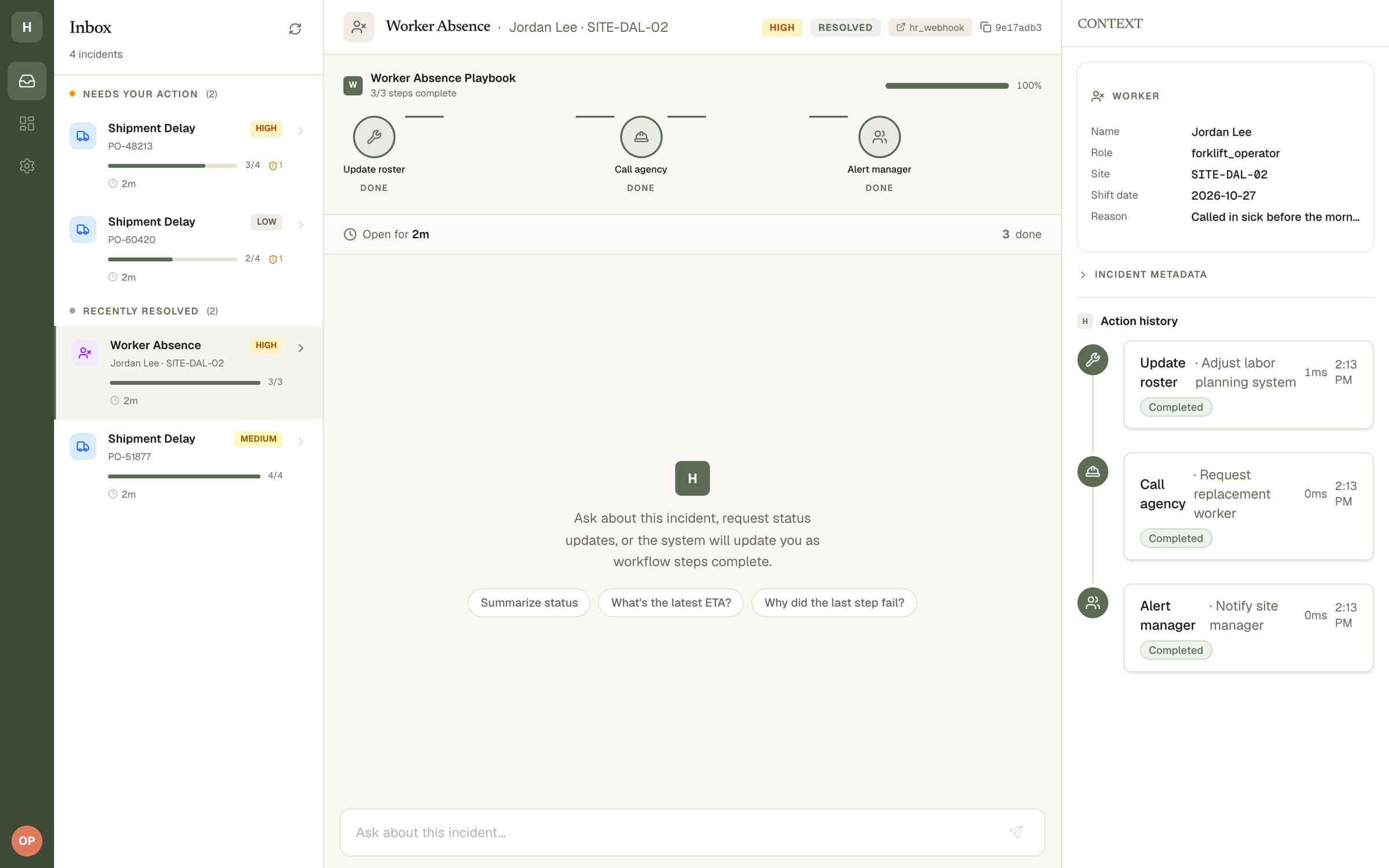 A worker-absence incident marked resolved: roster updated, replacement requested from the contractor agency, and the site manager alerted, with the worker's details in the context panel.