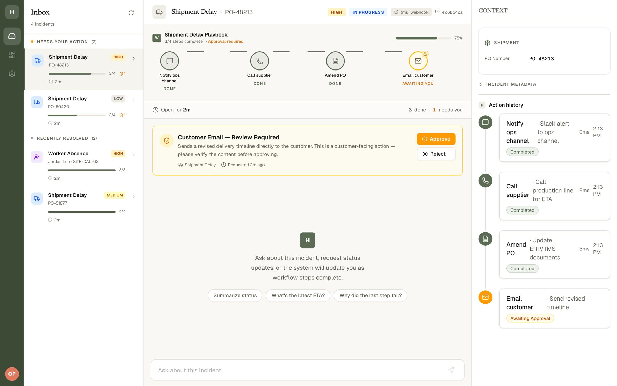 Supply Genie operator workspace in a local demo run with made-up data: a shipment-delay incident whose Slack alert, supplier call and purchase-order amendment are done, with the customer email waiting for an operator to approve or reject it and the action history on the right.