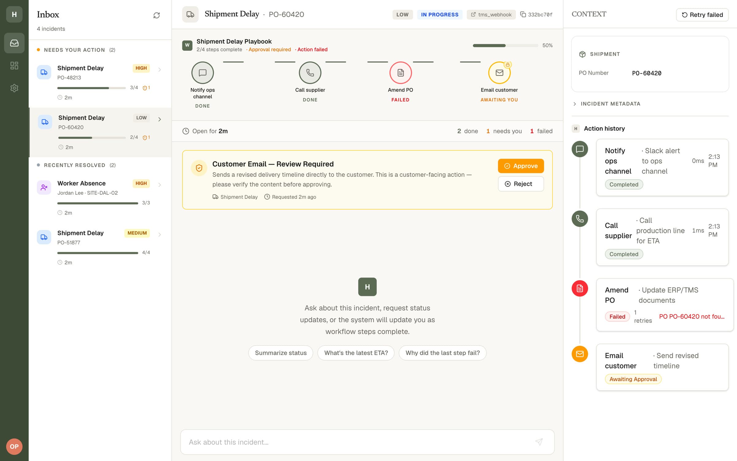 A delay incident whose purchase-order step failed because the order number does not exist: the step shows Failed with its retry count and error, a Retry failed button sits in the context panel, and the customer email still waits for approval.